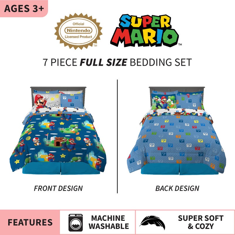 Franco Super Mario Bros Kids Bedding Super Soft Cozy Comforter and Sheet Set with Sham, 7 Piece Full Size Nintendo Gamer Bed Set, (100% Officially Licensed Product) by Franco - Image 2