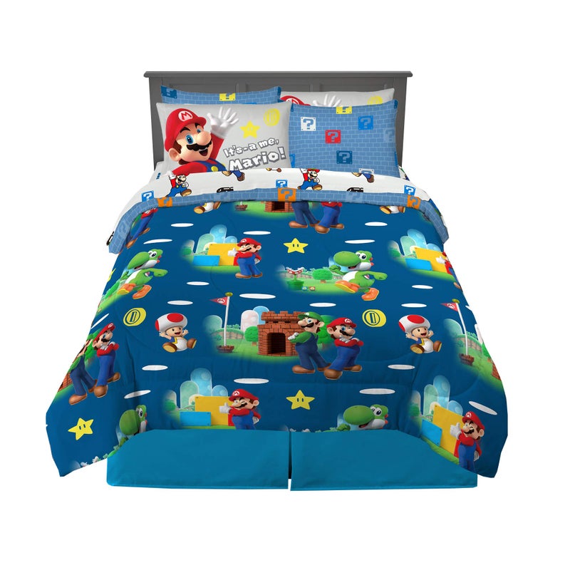 Franco Super Mario Bros Kids Bedding Super Soft Cozy Comforter and Sheet Set with Sham, 7 Piece Full Size Nintendo Gamer Bed Set, (100% Officially Licensed Product) by Franco - Image 1