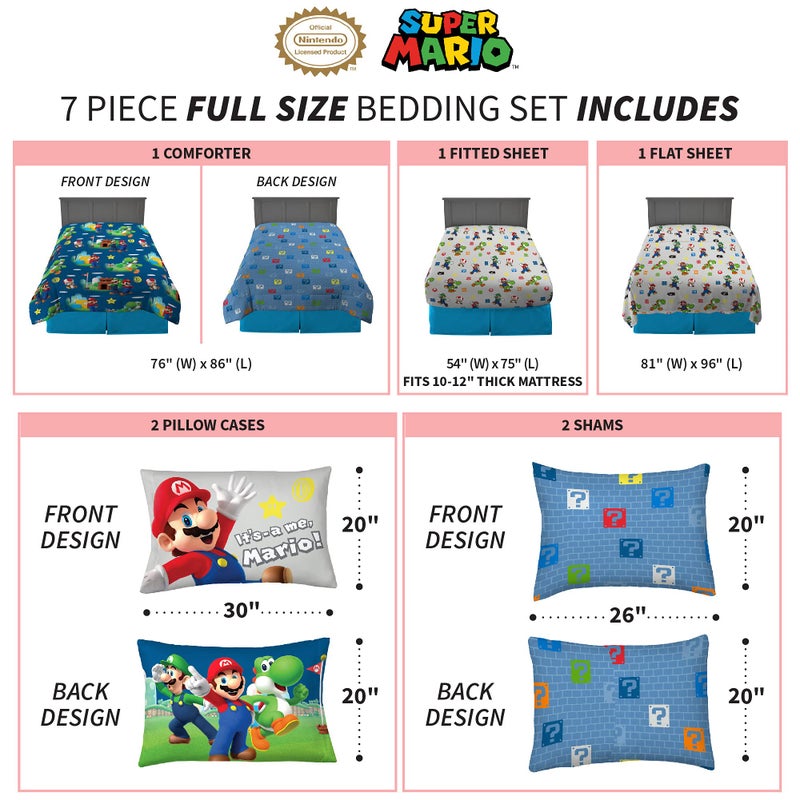 Franco Super Mario Bros Kids Bedding Super Soft Cozy Comforter and Sheet Set with Sham, 7 Piece Full Size Nintendo Gamer Bed Set, (100% Officially Licensed Product) by Franco - Image 3