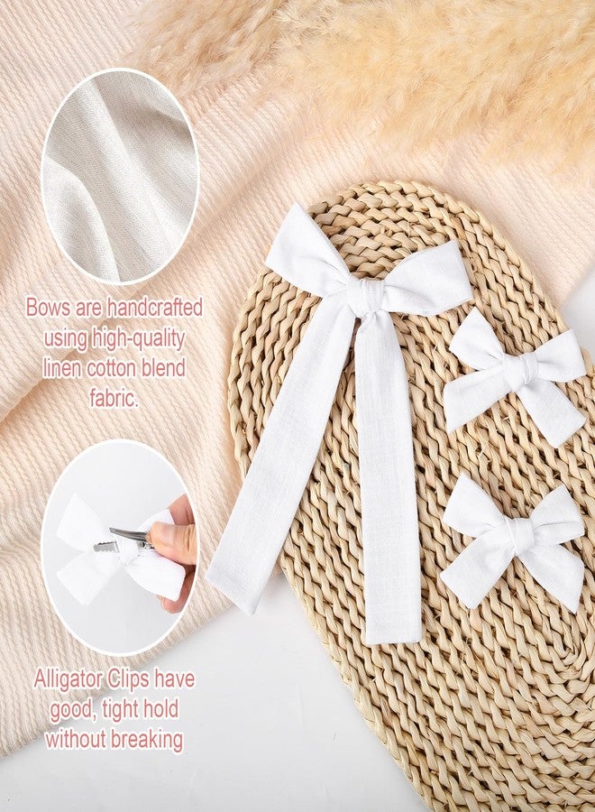 DEEKA White Cotton Linen Hair Bows 2 Sizes 5"&3.5" Soft Hair Bow set for Toddler Girls Long Ponytail Knot Bows Alligator Clip Hair Accessories for Little School Girls (White) - Image 2