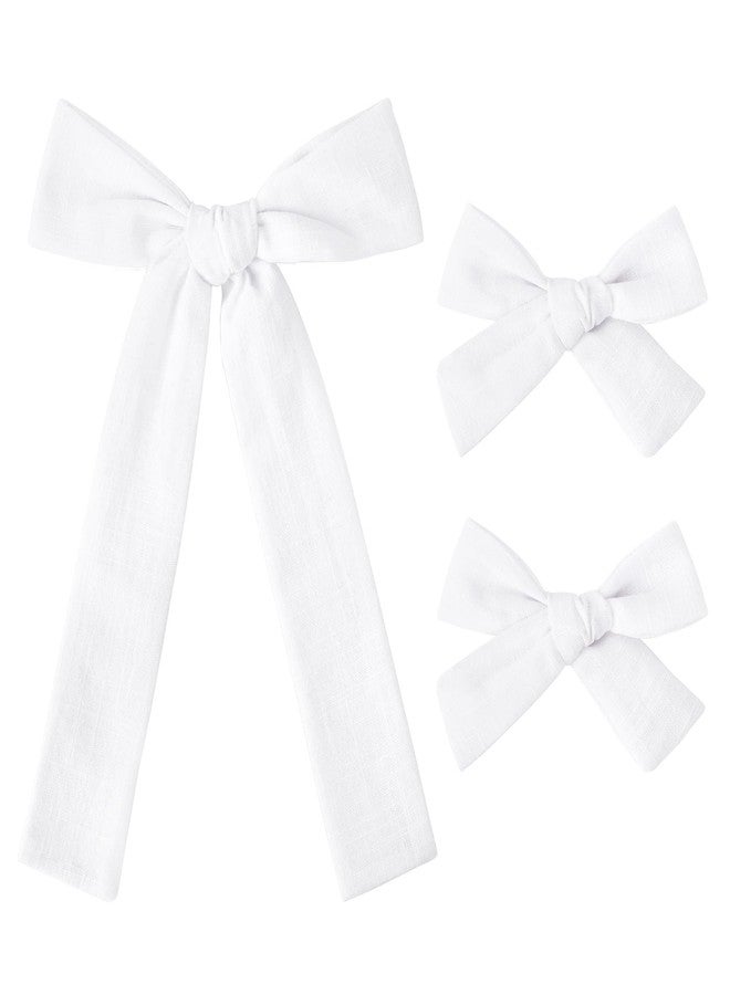 DEEKA White Cotton Linen Hair Bows 2 Sizes 5"&3.5" Soft Hair Bow set for Toddler Girls Long Ponytail Knot Bows Alligator Clip Hair Accessories for Little School Girls (White) - Image 1