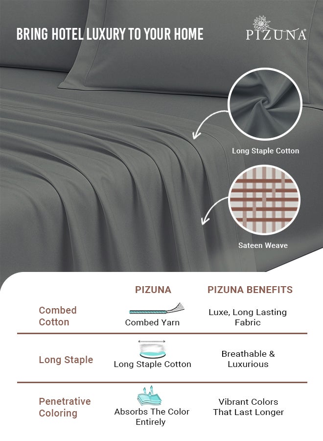 PIZUNA Pure Combed Cotton Bed Sheet Set King Size Dark Grey, 400 Thread Count Cozy Luxury 100% Long Staple Cotton Sateen Weave Bedsheet Set (1 Flat Sheet, 1 Fitted Sheet, 2 Pillowcases) - Image 2
