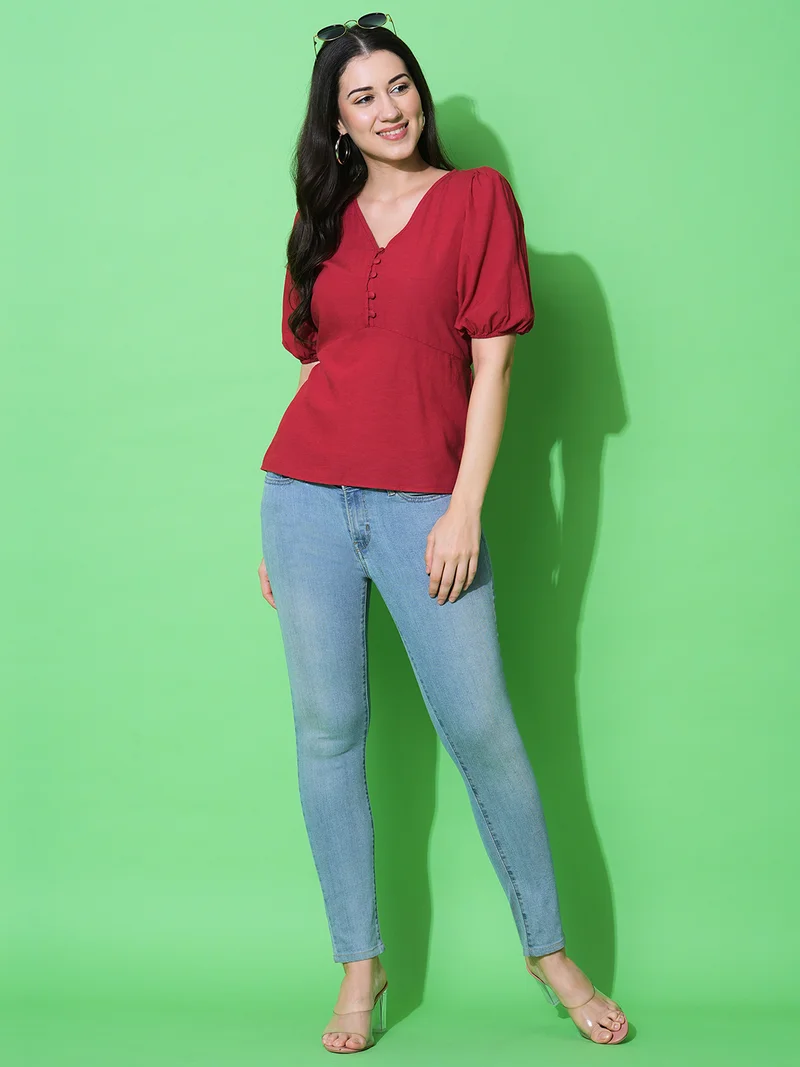 جلو باص Women V-Neck Puff Sleeves Solid Workwear Top