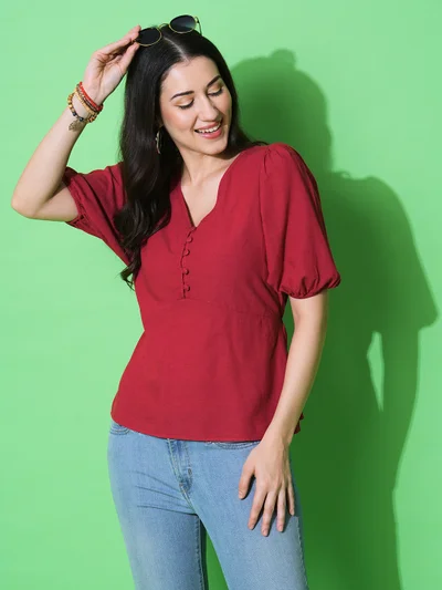 جلو باص Women V-Neck Puff Sleeves Solid Workwear Top