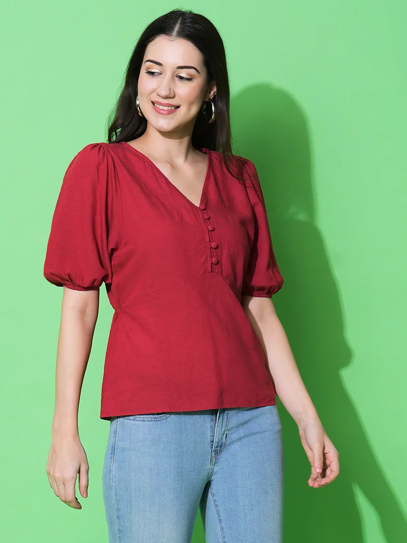 جلو باص Women V-Neck Puff Sleeves Solid Workwear Top