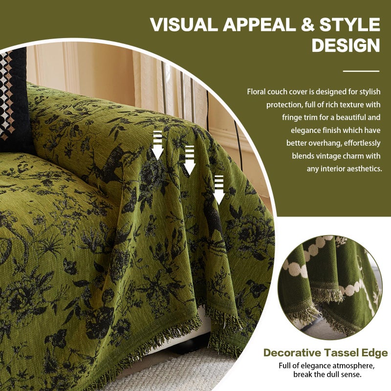 DREAMINGO Green Vintage Couch Cover Botanical Deer Jacquard Sofa Covers for 2 Cushion Couch Washable Chenille Furniture Protector Throw Slipcovers for Loveseat Sectional, Large 71"x118" - Image 4