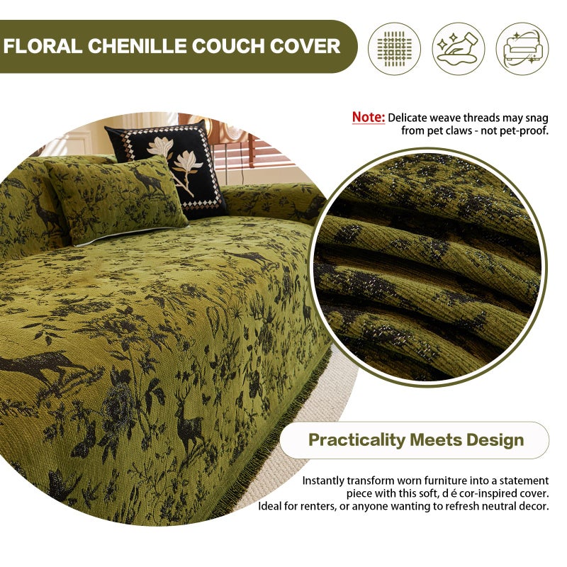 DREAMINGO Green Vintage Couch Cover Botanical Deer Jacquard Sofa Covers for 2 Cushion Couch Washable Chenille Furniture Protector Throw Slipcovers for Loveseat Sectional, Large 71"x118" - Image 3