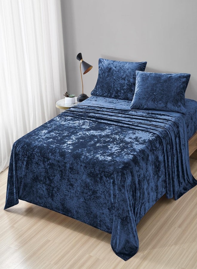 Fredsure Distressed Velvet Sheet Set, 4 Pieces Navy Queen, Ultra Soft, Warm - Image 1