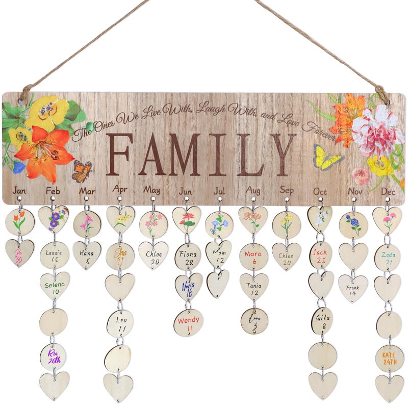 JAPDNK Gifts for Mom Grandma Nana Meemaw, Mothers Day Christmas Valentines Day, Wooden Family Birthday Reminder Calendar Board Wall Hanging, Birthday & Anniversary Tracker Plaque with Tags, DIY Family Date Organizer Wall Decor - Image 1