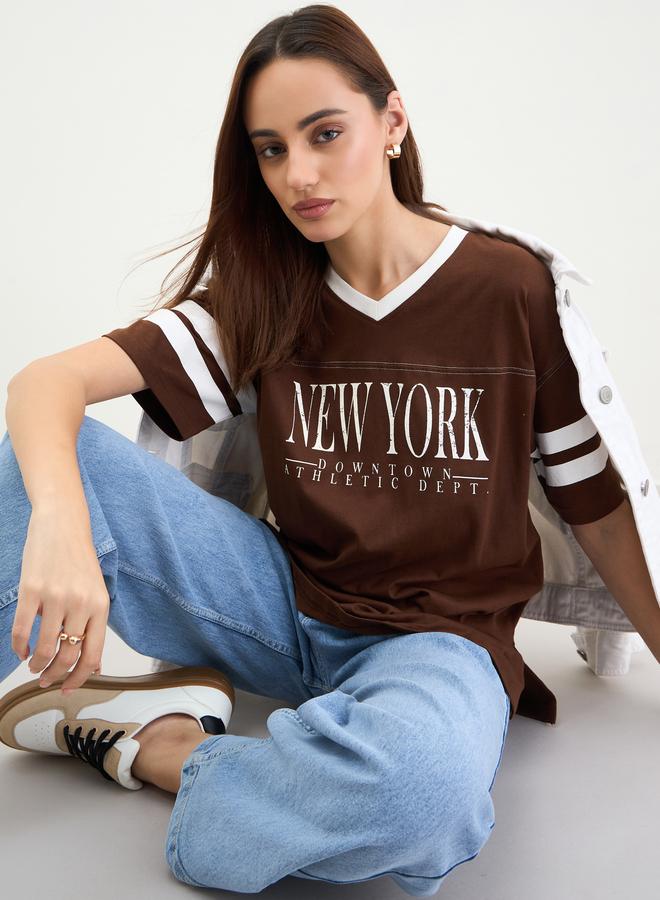 Styli Brown Graphic Print Oversized T-Shirt - Image 1