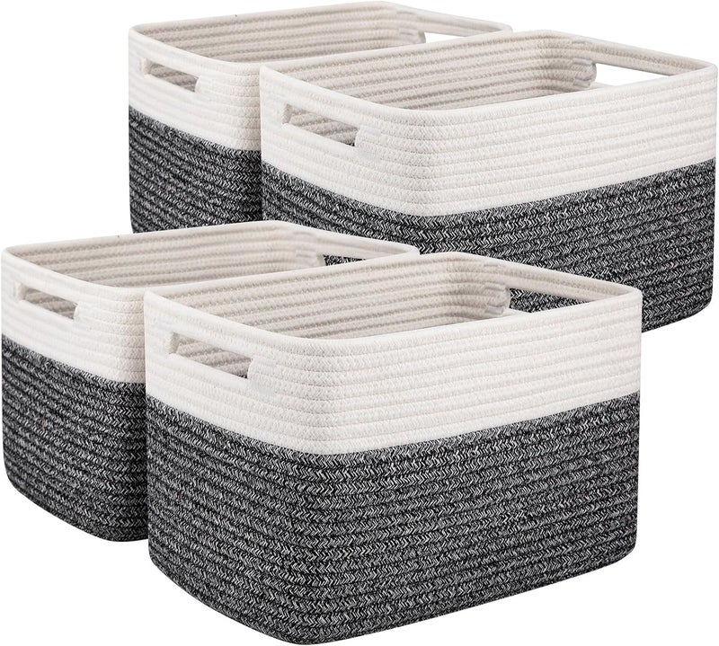 OIAHOMY 4 Pack Storage Baskets for Organizing, Basket for Shelves with Handle, Woven Baskets for Storage Toys, Towels, Books, Cotton Rope Basket 13" L x 9 " W x 7.8 " H, Black & White - Image 1