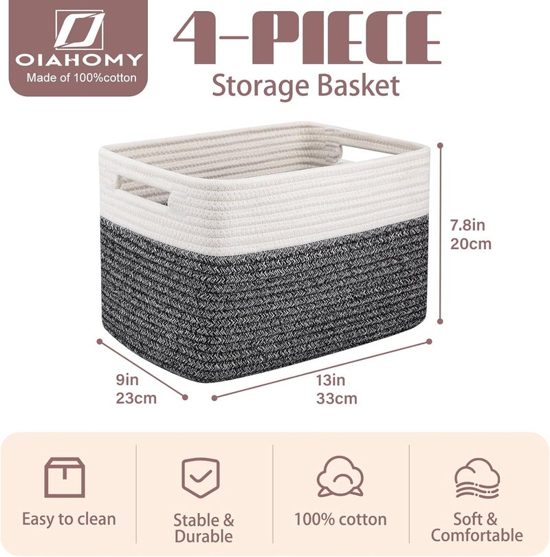 OIAHOMY 4 Pack Storage Baskets for Organizing, Basket for Shelves with Handle, Woven Baskets for Storage Toys, Towels, Books, Cotton Rope Basket 13" L x 9 " W x 7.8 " H, Black & White - Image 2
