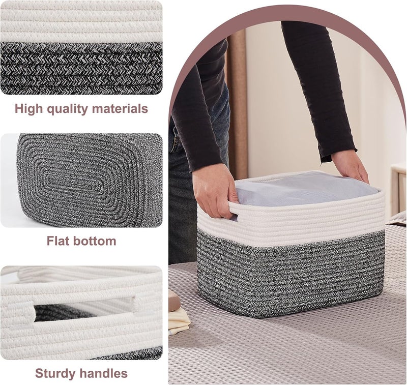 OIAHOMY 4 Pack Storage Baskets for Organizing, Basket for Shelves with Handle, Woven Baskets for Storage Toys, Towels, Books, Cotton Rope Basket 13" L x 9 " W x 7.8 " H, Black & White - Image 3