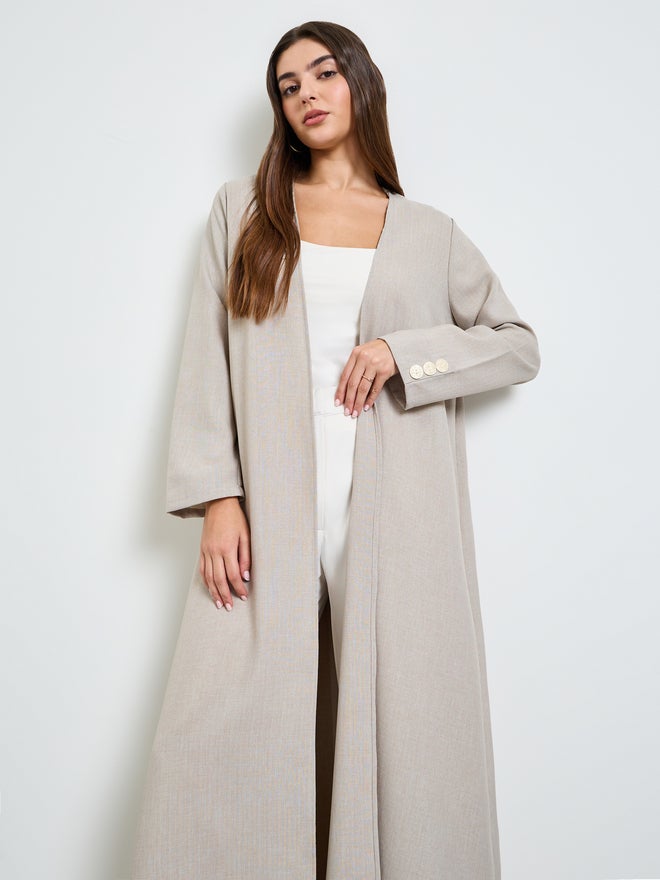 Styli Beige Front Open Abaya with Button Cuff - Image 3