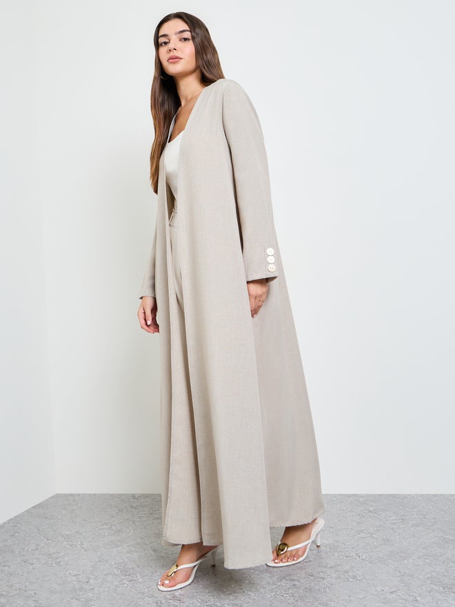 Styli Beige Front Open Abaya with Button Cuff - Image 2
