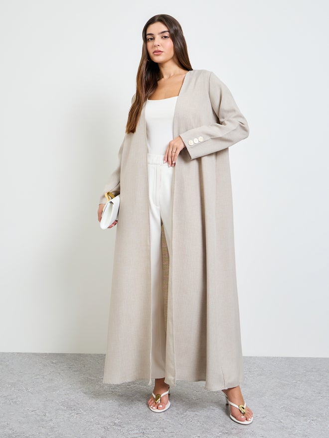 Styli Beige Front Open Abaya with Button Cuff - Image 1