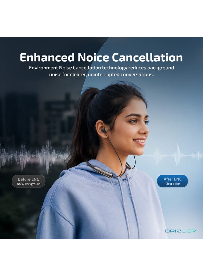 بريزلر سماعات لاسلكية بتصميم طوق الرقبة وتقنية إلغاء الضوضاء المحيطة (ENC) – بلوتوث، وقت تشغيل 22 ساعة، صوت عالي الدقة (Hi-Fi)، سماعات رياضية خفيفة الوزن مع أطراف مغناطيسية، لون أسود. - Image 5