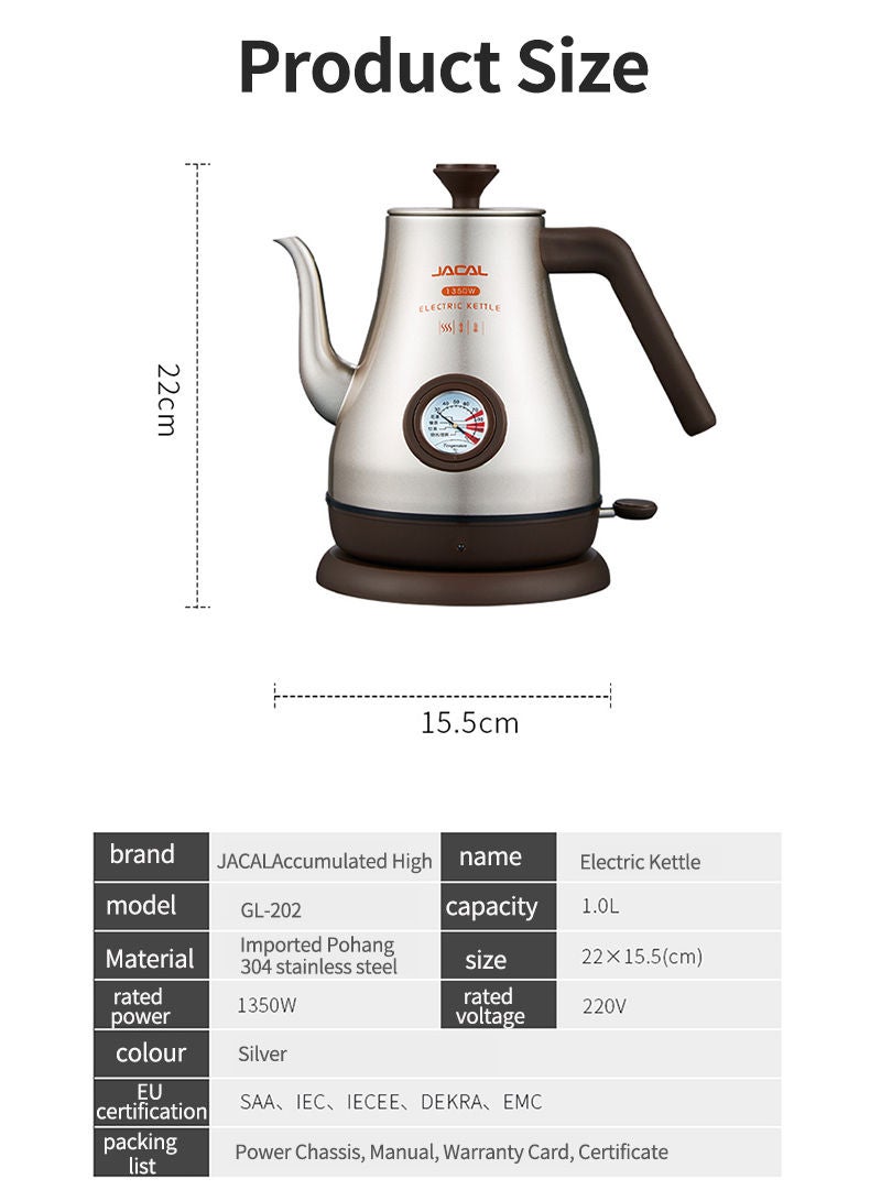 JACAL Stainless Steel Electric Kettle with Thermometer 1L 1350W - Image 4
