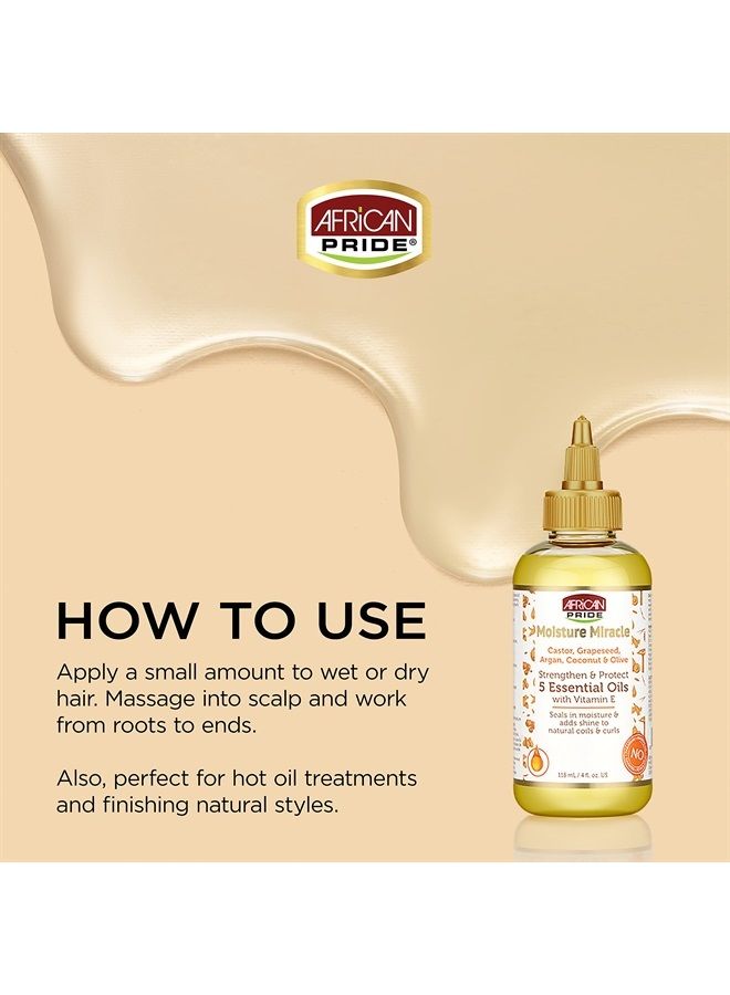 Moisture Miracle 5 Essential Oils - Contains Castor, Grapeseed, Argan, Coconut & Olive Oil, Seals in Moisture & Adds Shine to Hair, Vitamin E, 4 oz