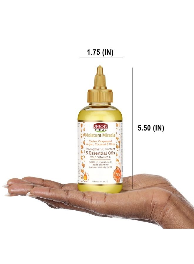 Moisture Miracle 5 Essential Oils - Contains Castor, Grapeseed, Argan, Coconut & Olive Oil, Seals in Moisture & Adds Shine to Hair, Vitamin E, 4 oz