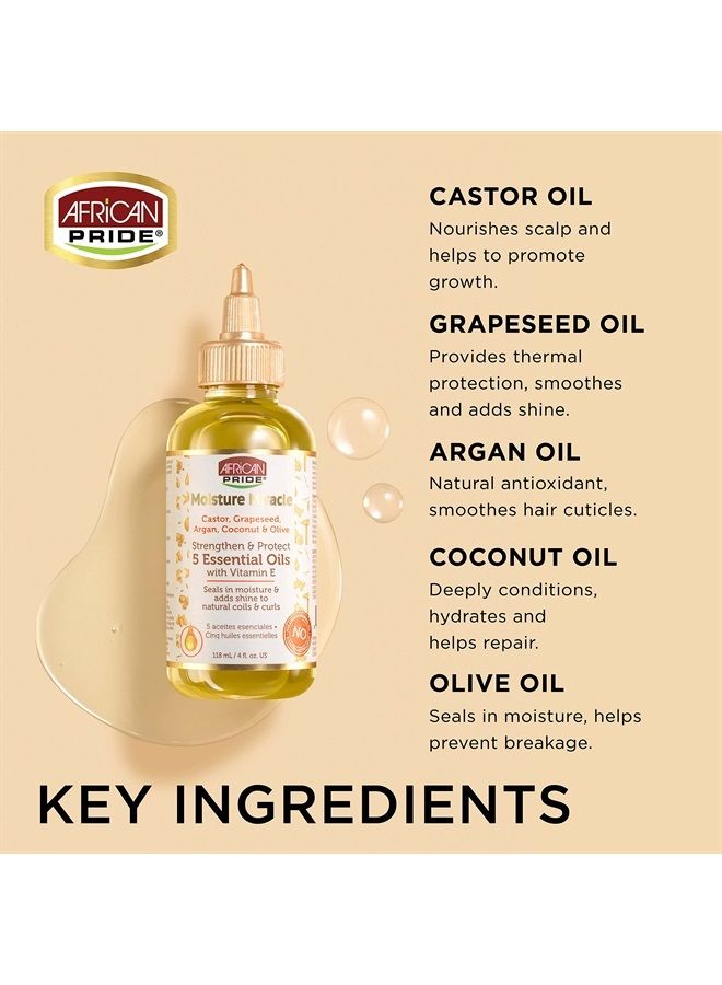 Moisture Miracle 5 Essential Oils - Contains Castor, Grapeseed, Argan, Coconut & Olive Oil, Seals in Moisture & Adds Shine to Hair, Vitamin E, 4 oz