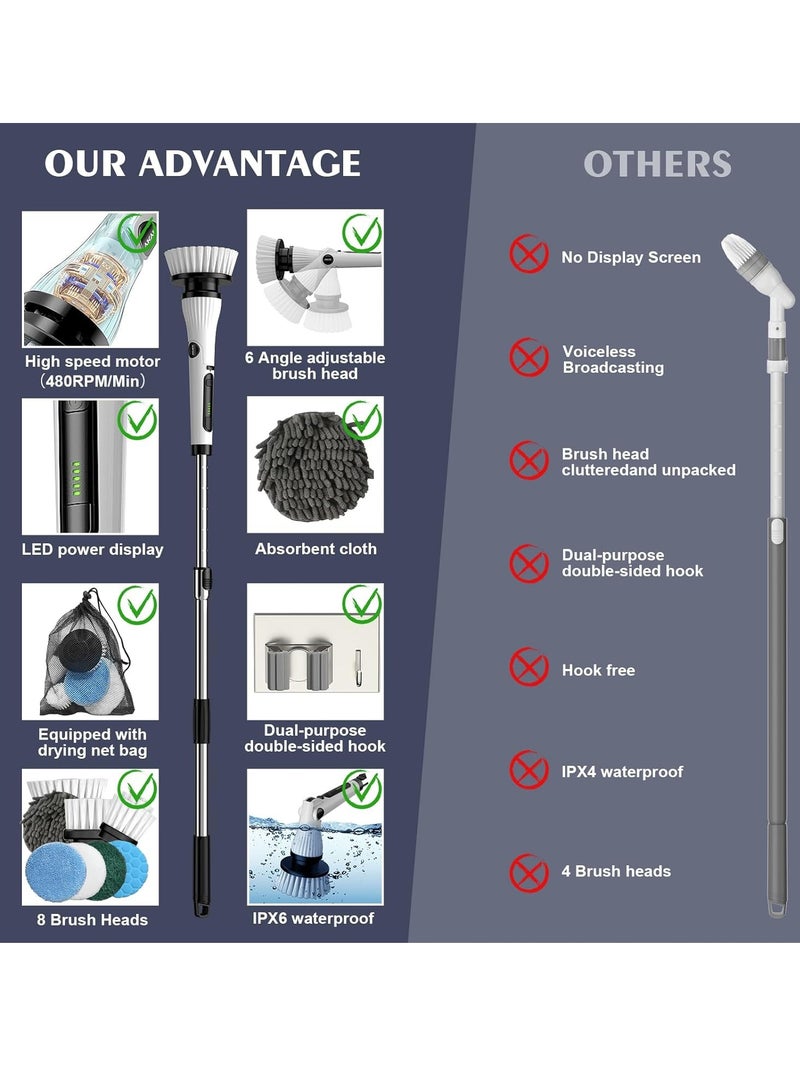 عام فرشاة تنظيف كهربائية دوارة، فرشاة تنظيف لاسلكية، فرشاة مرحاض كهربائية مع 8 رؤوس فرشاة قابلة للاستبدال، فرشاة استحمام قابلة للتعديل بمقبض طويل، سرعتان قابلتان للتعديل، للحمام والحوض والمرحاض والبلاط - Image 4