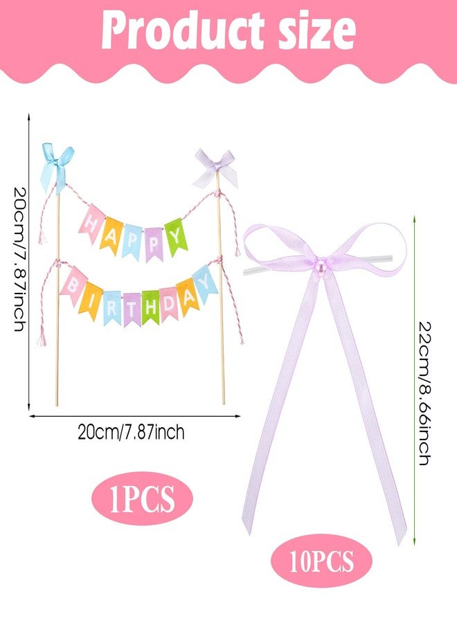 Qulkws 11 Pcs Happy Birthday Cake Topper Banner Bow Ribbon Cake Topper Happy Birthday Cakes Bunting Toppers with Wood Pole Handmade Pennant Flags with Bow Ribbon for Donut Cakes Cupcakes - Image 2
