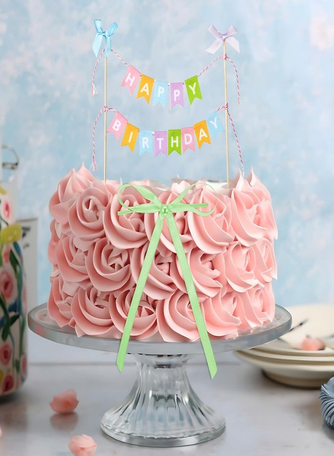 Qulkws 11 Pcs Happy Birthday Cake Topper Banner Bow Ribbon Cake Topper Happy Birthday Cakes Bunting Toppers with Wood Pole Handmade Pennant Flags with Bow Ribbon for Donut Cakes Cupcakes - Image 3