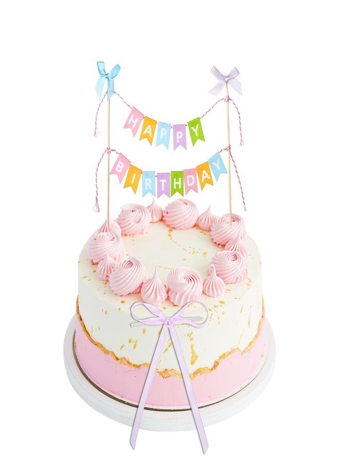 Qulkws 11 Pcs Happy Birthday Cake Topper Banner Bow Ribbon Cake Topper Happy Birthday Cakes Bunting Toppers with Wood Pole Handmade Pennant Flags with Bow Ribbon for Donut Cakes Cupcakes - Image 1