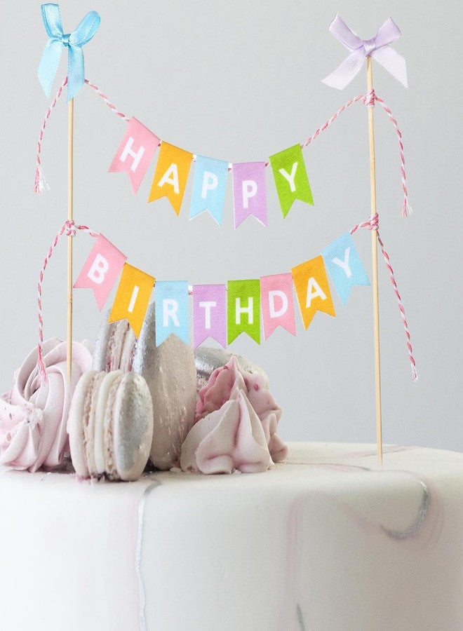 Qulkws 11 Pcs Happy Birthday Cake Topper Banner Bow Ribbon Cake Topper Happy Birthday Cakes Bunting Toppers with Wood Pole Handmade Pennant Flags with Bow Ribbon for Donut Cakes Cupcakes - Image 4