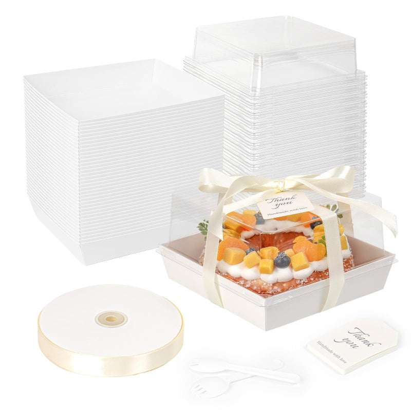 DeziWood 7 x 7 x 4 Inches Paper Cake Boxes with Clear Lids, 50 Pack White Large Charcuterie Square Food Containers, Valentine's Day Disposable Bakery Boxes for 4-6 Inch Bundt Cake, Pie, Dessert - Image 1