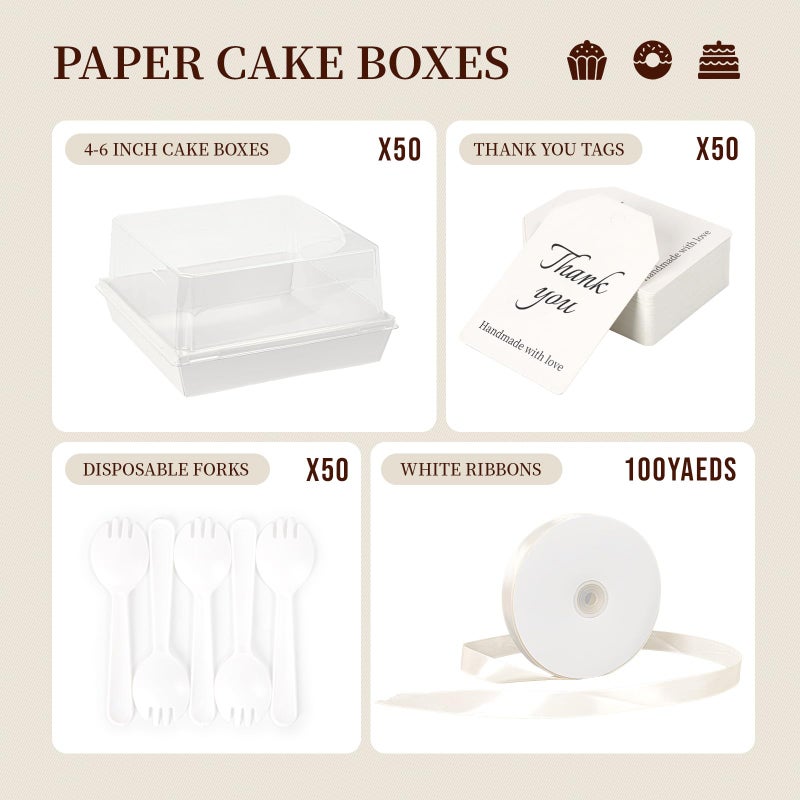 DeziWood 7 x 7 x 4 Inches Paper Cake Boxes with Clear Lids, 50 Pack White Large Charcuterie Square Food Containers, Valentine's Day Disposable Bakery Boxes for 4-6 Inch Bundt Cake, Pie, Dessert - Image 3