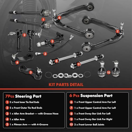 A-Premium 13Pc AWD 4WD Front Suspension Kit, For Chevy GMC Silverado 1500 Sierra 1500 Suburban Avalanche Tahoe Yukon XL Escalade EXT ESV, Upper Control Arm Lower Ball Joint Sway Bar Link Tie Rod End - Image 3