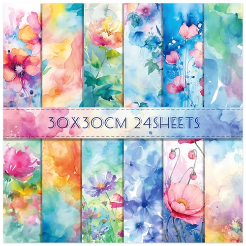 WLXTREE 24 Sheets Floral Scrapbook Paper 30x30cm Watercolor Flower Patterned Double Sided Scrapbooking Decorative Craft for Card Making Kit Cardstock Origami Paper Supplies - Image 1