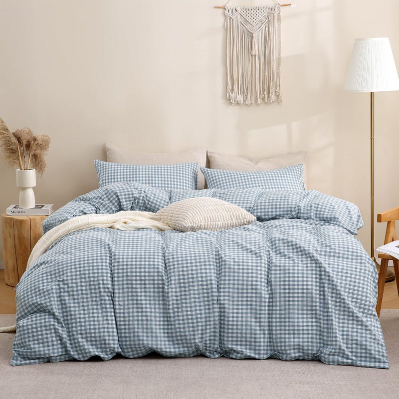 TOCOMOA Blue Gingham Duvet Cover Bedding Set 100% Washed Cotton Like Linen Feel Super Soft Comfortable 3 Piece Vintage Plaid Checkered Comforter Cover Set (Queen 90"x90", Comforter Not Included) - Image 3