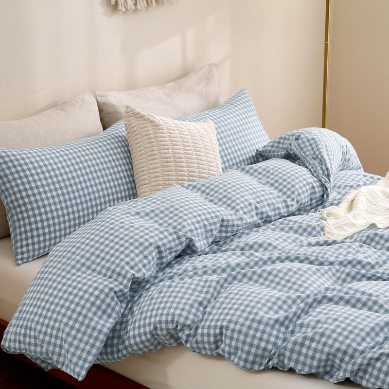 TOCOMOA Blue Gingham Duvet Cover Bedding Set 100% Washed Cotton Like Linen Feel Super Soft Comfortable 3 Piece Vintage Plaid Checkered Comforter Cover Set (Queen 90"x90", Comforter Not Included) - Image 4
