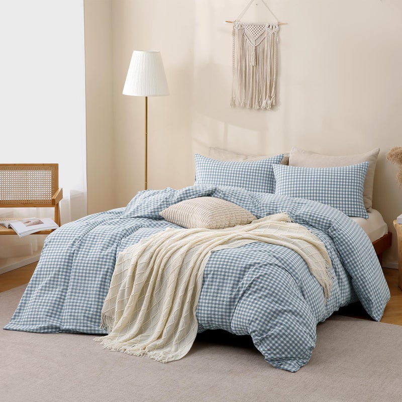 TOCOMOA Blue Gingham Duvet Cover Bedding Set 100% Washed Cotton Like Linen Feel Super Soft Comfortable 3 Piece Vintage Plaid Checkered Comforter Cover Set (Queen 90"x90", Comforter Not Included) - Image 2