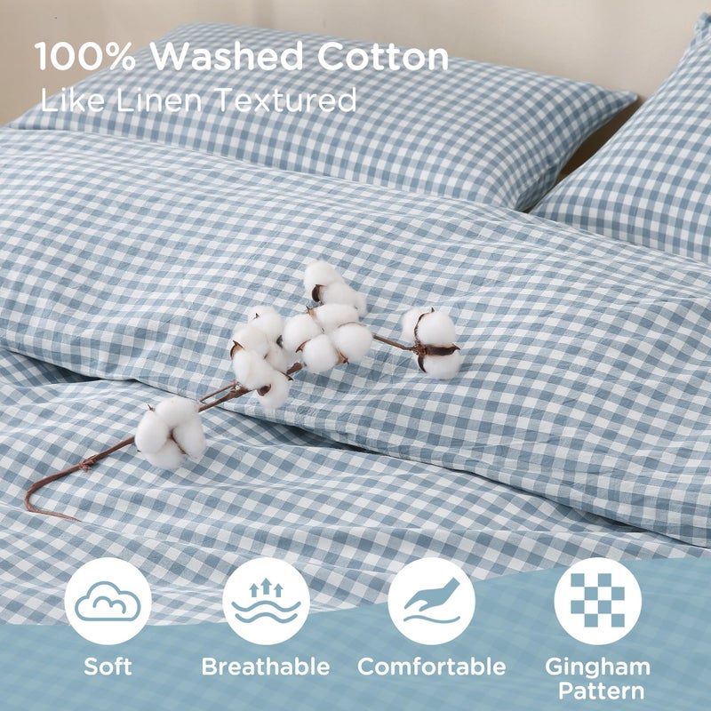 TOCOMOA Blue Gingham Duvet Cover Bedding Set 100% Washed Cotton Like Linen Feel Super Soft Comfortable 3 Piece Vintage Plaid Checkered Comforter Cover Set (Queen 90"x90", Comforter Not Included) - Image 5