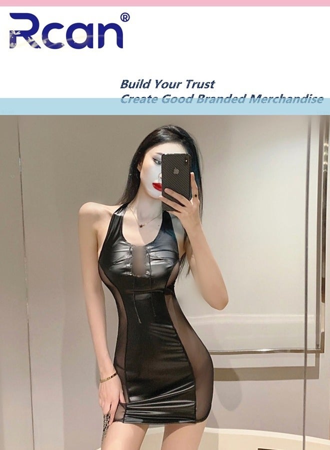 Rcan Tight Temperament Party Costume Backless Suspender Mini Dress for Women's Babydolls Plus Size Sleeveless Cropped Leather Skirt Black - Image 1