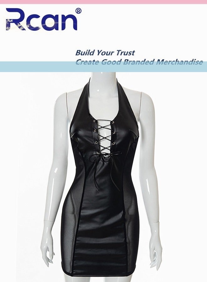 Rcan Tight Temperament Party Costume Backless Suspender Mini Dress for Women's Babydolls Plus Size Sleeveless Cropped Leather Skirt Black - Image 4