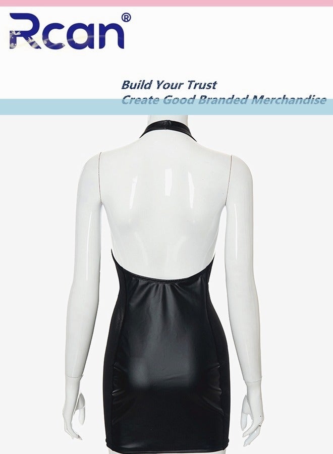 Rcan Tight Temperament Party Costume Backless Suspender Mini Dress for Women's Babydolls Plus Size Sleeveless Cropped Leather Skirt Black - Image 5