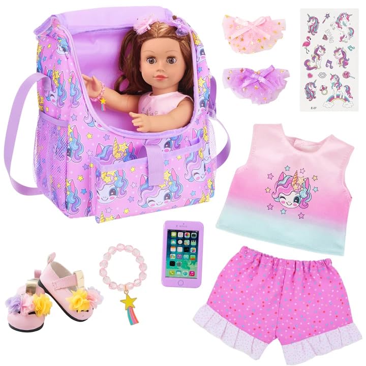 UNICORN ELEMENT 18 Inch American Doll Unicorn Seated Backpack Set and Accessories Include ClothesCarrierShoesCell PhoneStickers Totol 9 pcsDoll Not Included - Image 1