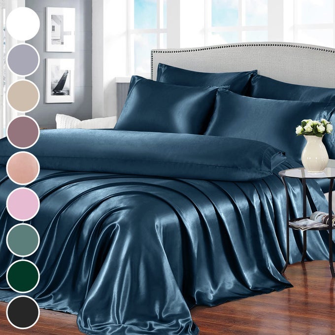 7PC QUEEN SATIN SHEET SET DEEP SEA BLUE 1 DEEP POCKET FITTED 4 PILLOWCASES 1 BODY PILLOWCASE