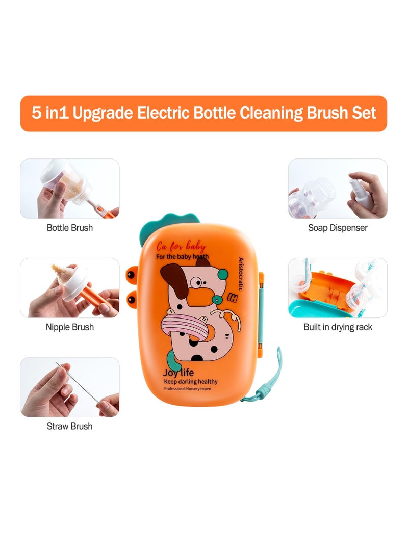 Portable Baby Bottle Brush Set, 6 in 1 Bottle Cleaner Brush Travel with Bottle Brush, Nipple Brush, Straw Cleaner Brush, Soap Dispenser, Bottle Drying Rack, Drainage Tray  Organizer Case (Orange) - Image 2
