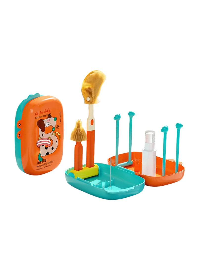Portable Baby Bottle Brush Set, 6 in 1 Bottle Cleaner Brush Travel with Bottle Brush, Nipple Brush, Straw Cleaner Brush, Soap Dispenser, Bottle Drying Rack, Drainage Tray  Organizer Case (Orange) - Image 1