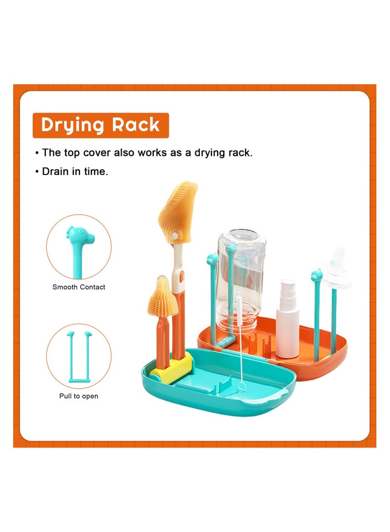 Portable Baby Bottle Brush Set, 6 in 1 Bottle Cleaner Brush Travel with Bottle Brush, Nipple Brush, Straw Cleaner Brush, Soap Dispenser, Bottle Drying Rack, Drainage Tray  Organizer Case (Orange) - Image 3
