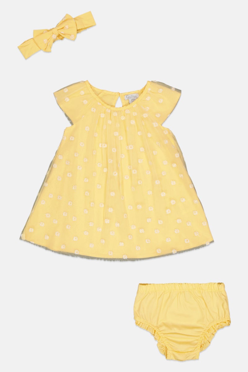 Quiltex Toddlers Girl 3 Pcs Embroidered Dress, Panty and Headband Set, Yellow - Image 2