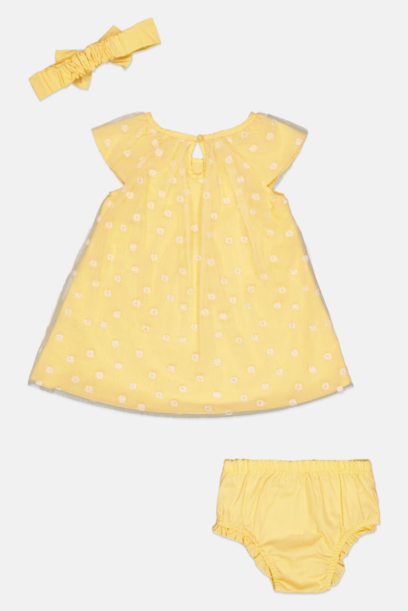 Quiltex Toddlers Girl 3 Pcs Embroidered Dress, Panty and Headband Set, Yellow - Image 3
