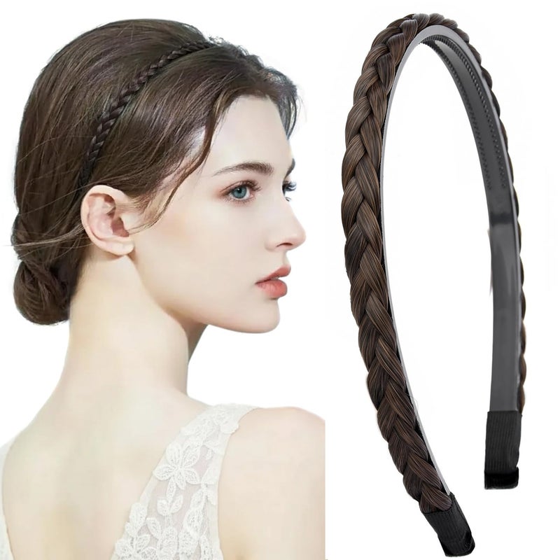 DIGUAN Narrow Braids Width 0.4 inches Slender Braided Headband with Teeth Synthetic Hair Plaited head bands Hairpiece for Girls Women (Copper Brown, Thin) - Image 1