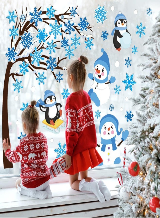 وولاين مجموعة ملصقات نوافذ شتوية كبيرة من 6 أوراق من Whaline، ملصقات نوافذ قابلة لإعادة الاستخدام على شكل ندفة ثلج وشجرة ورجل ثلج وبطريق، لتزيين النوافذ الزجاجية المنزلية في حفلات عيد الميلاد (أزرق) - Image 4